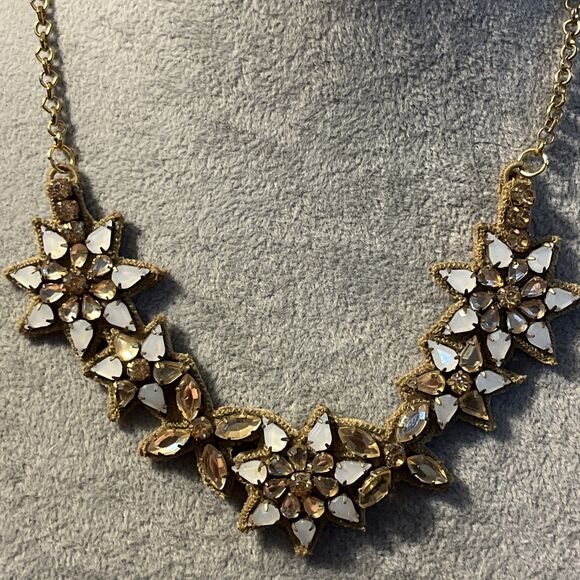 Vintage Suede Backed Prong Set Glass Stone Pink White Floral Necklace - Picture 3 of 13